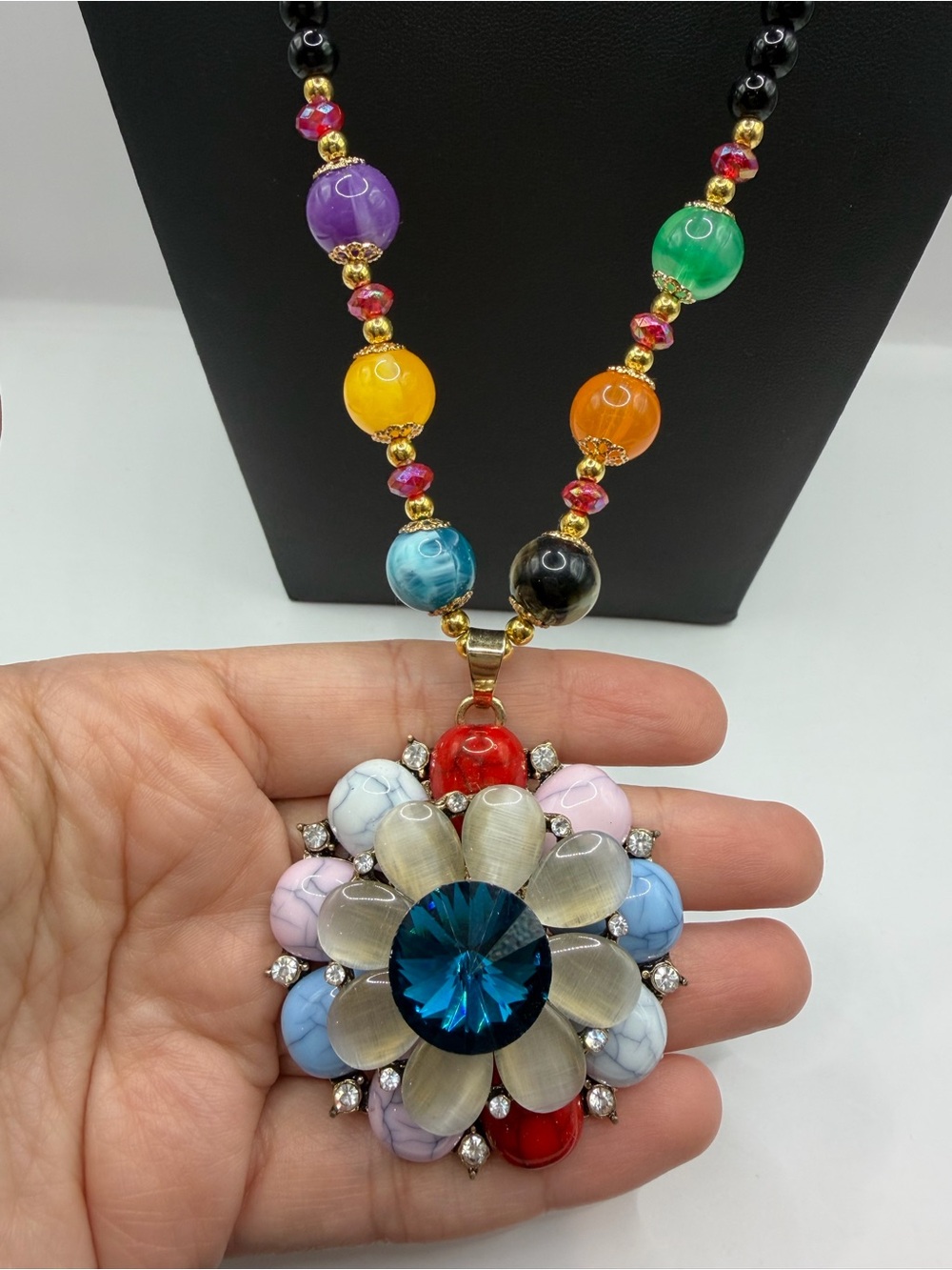 Boho Floral Medallion Necklace | Rainbow Beaded Hippie Statement Pendant - Picture 4 of 8
